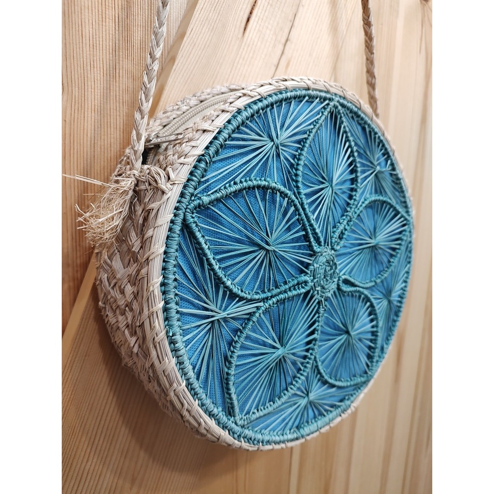 Round Blue Woven Crossbody Bag with Braided Strap - Picture 2 of 7